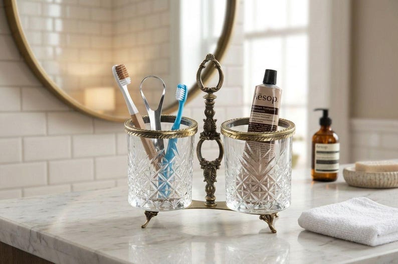 May include: A decorative toothbrush and toothpaste holder with a vintage design. The holder has two clear, patterned glass cups with gold-colored rims, connected by an ornate metal stand. The holder contains toothbrushes, a tongue scraper, and a tube of toothpaste.
