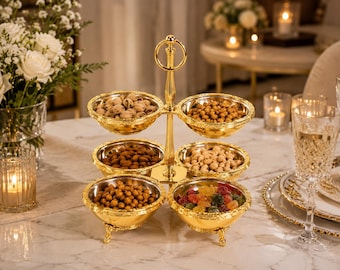 6 Bowl Snack Serving Stand, Stainless Steel Condiment Bowls, Tiered Appetizer Server with Handle