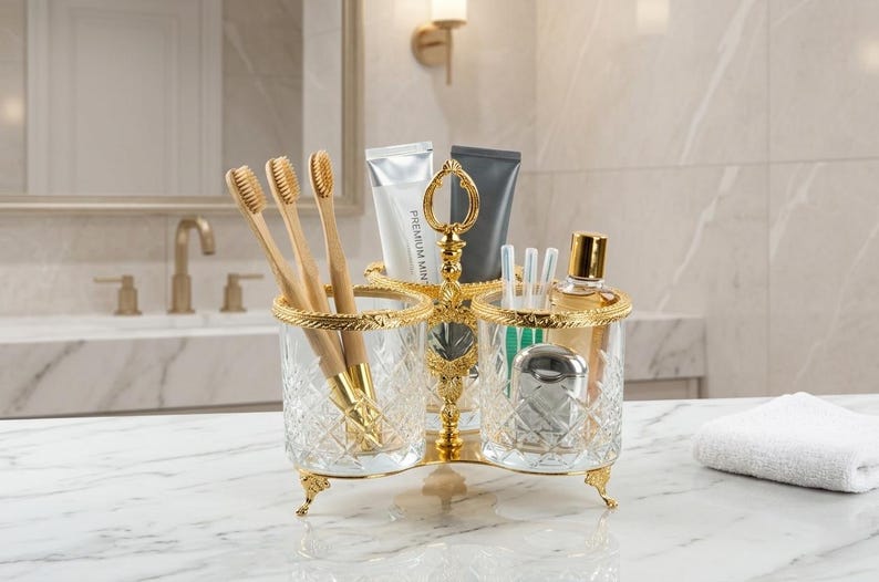May include: A decorative bathroom organizer with three sections. The organizer is made of clear, cut glass with gold-colored metal accents. It holds toothbrushes, toothpaste, and other toiletries. The organizer sits on a marble countertop.