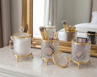 Soporte de cristal para brochas de maquillaje, elegante organizador de tocador, decoración de baño, opción en oro y plata.