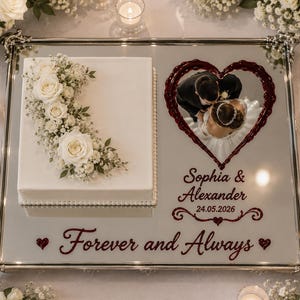 Pode incluir: Uma bandeja retangular espelhada com um bolo quadrado branco decorado com rosas brancas e gipsófila. Uma moldura em forma de coração exibe a foto de um casal, com o texto Sophia & Alexander, 24.05.2026, e Forever and Always em vermelho.