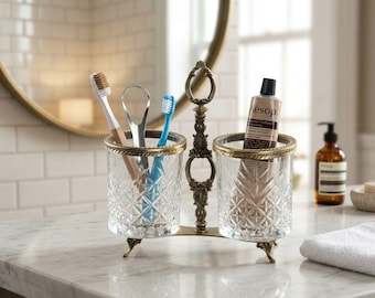 Crystal Toothbrush Holder, Vintage Gold Bathroom Organizer, Vanity Caddy, Kitchen Spoon Holder