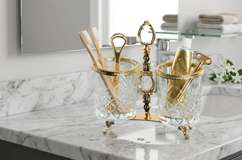May include: A decorative bathroom organizer with two clear glass holders, each with a gold rim and ornate gold feet. One holder contains toothbrushes and a tongue scraper, the other a tube of toothpaste and a key. The stand is gold.