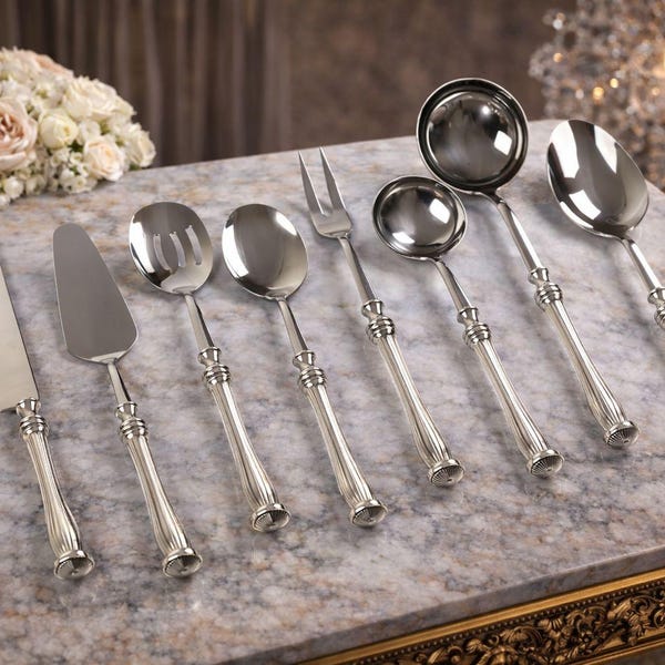 Silver Serving Utensil Set, Ribbed Stainless Steel Tableware, 8-Piece Hostess Set