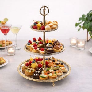 Op de afbeelding: Een zilveren serveerstandaard met drie niveaus, gevuld met diverse hapjes, waaronder mini quiches en fruittaartjes. Cocktails in martiniglazen en kleine bordjes met hapjes zijn rond de standaard gerangschikt. Een potplant en kaarsen maken de scène compleet.