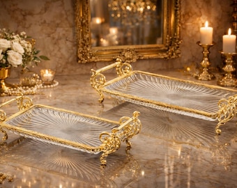 Set di vassoi da portata in vetro dorato, stile ottomano decorativo vintage
