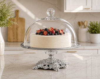 Soporte para tartas con cúpula de cristal y campana, soporte de lujo para tartas de boda, pedestal de exhibición de postres vintage en oro y plata.