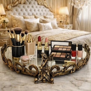 May include: A decorative vanity tray with makeup brushes, foundation, lipsticks, eyeshadow palettes, and nail polish. The tray is gold-toned with an ornate design and a mirrored surface. The makeup products are arranged on a marble surface.