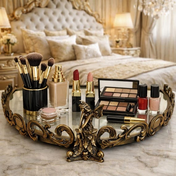 Vintage Mirrored Vanity Tray Makeup Organizer Angel Gothic Bathroom Decor Set of 2