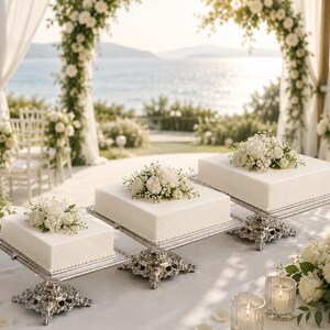 May include: Three square white cakes are displayed on ornate silver pedestal stands. Each cake is topped with a cluster of white roses and baby's breath. The cakes are arranged on a table with small glass candle holders and white floral arrangements.