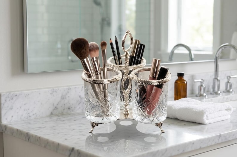 May include: A three-section makeup organizer with a silver-toned metal frame and clear, cut-glass containers. The organizer holds makeup brushes, pencils, and lip products. It sits on a marble countertop in a bathroom setting.