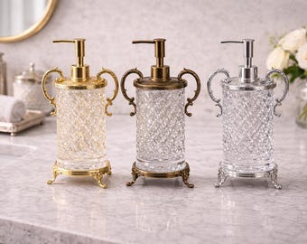 Gothic Antique Style Crystal Glass Liquid Soap Dispenser, Vintage Gold Silver Metal Design, 300 ml, 10.14 oz