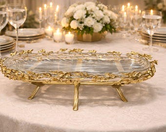 Vassoio da portata in vetro con bordo floreale dorato, base in acciaio inossidabile, centrotavola per matrimonio