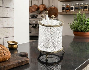 Crystal Utensil Holder, Vintage Kitchen Organizer, Gold Silver Metal Frame