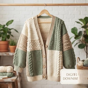 Chunky Colorblock Cardigan Crochet Pattern, Modern Patchwork Sweater Tutorial, Oversized Boho Knit-Look Jacket PDF