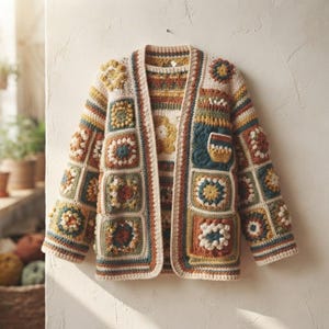 May include: A long-sleeved cardigan constructed from various crocheted granny squares in a palette of cream, mustard yellow, sage green, terracotta, and deep teal. The open-front garment features a ribbed trim and a repeating floral motif pattern.