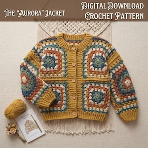 Aurora Granny Square Cardigan Pattern, Digital Crochet Jacket Tutorial, Trendy Patchwork Sweater PDF