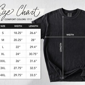 May include: Black t-shirt with a size chart. The chart shows measurements for sizes S to 4XL, with widths ranging from 18.25" to 29.75" and lengths from 26.6" to 33.5". The text "Size Chart" is at the top.
