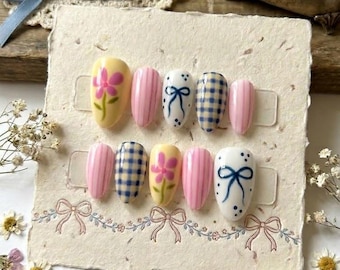 Cottagecore Press On Nails, Blue Gingham Bow Floral Gel Art, Kawaii Summer Almond Nails