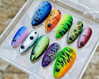 Fishing Lure Press On Nails, Bass Fish Nail Art, Outdoorsy Campcore Manicure
