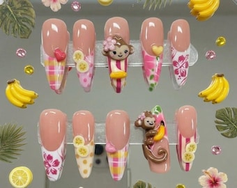 3D Monkey Tropical Fruit Press On Nails, Y2K Summer Vacation French Tip Art