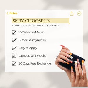 May include: A hand holding a black nail kit with long, colorful, and decorated artificial nails. The image includes text that reads "WHY CHOOSE US" and lists features like "100% Hand-Made" and "Easy to Apply."