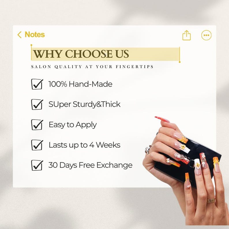 May include: A hand holding a black nail kit with long, colorful, and decorated artificial nails. The image includes text that reads "WHY CHOOSE US" and lists features like "100% Hand-Made" and "Easy to Apply."