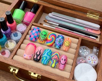 Handmade Psychedelic Press On Nails, Neon Alien Mushroom Art, Retro Tie Dye Smiley Face
