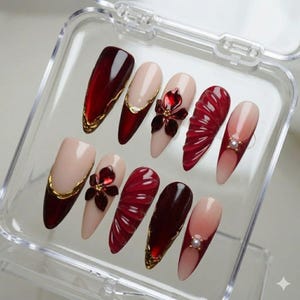 Luxury Gothic Burgundy Press on Nails, 3D Ruby Flower Custom Fake Nails, Whimsical Gold Chrome French Almond Nails, Vampire Party Gift Her
