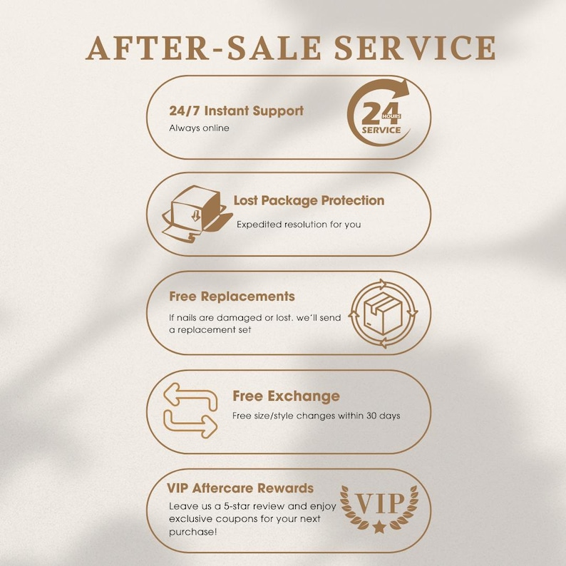 May include: An infographic with the text "AFTER-SALE SERVICE" at the top. It lists customer service benefits, including 24/7 instant support, lost package protection, free replacements, free exchange, and VIP aftercare rewards. The design uses a neutral color palette.