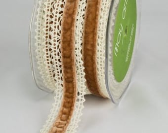 natural/gold 1 Inch Crochet / Velvet Center Ribbon selling by the yard