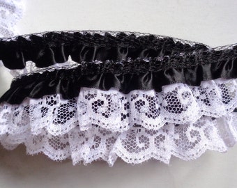 black/white Satin Floral Ruffle Lace Trim 1" price for 1 yard