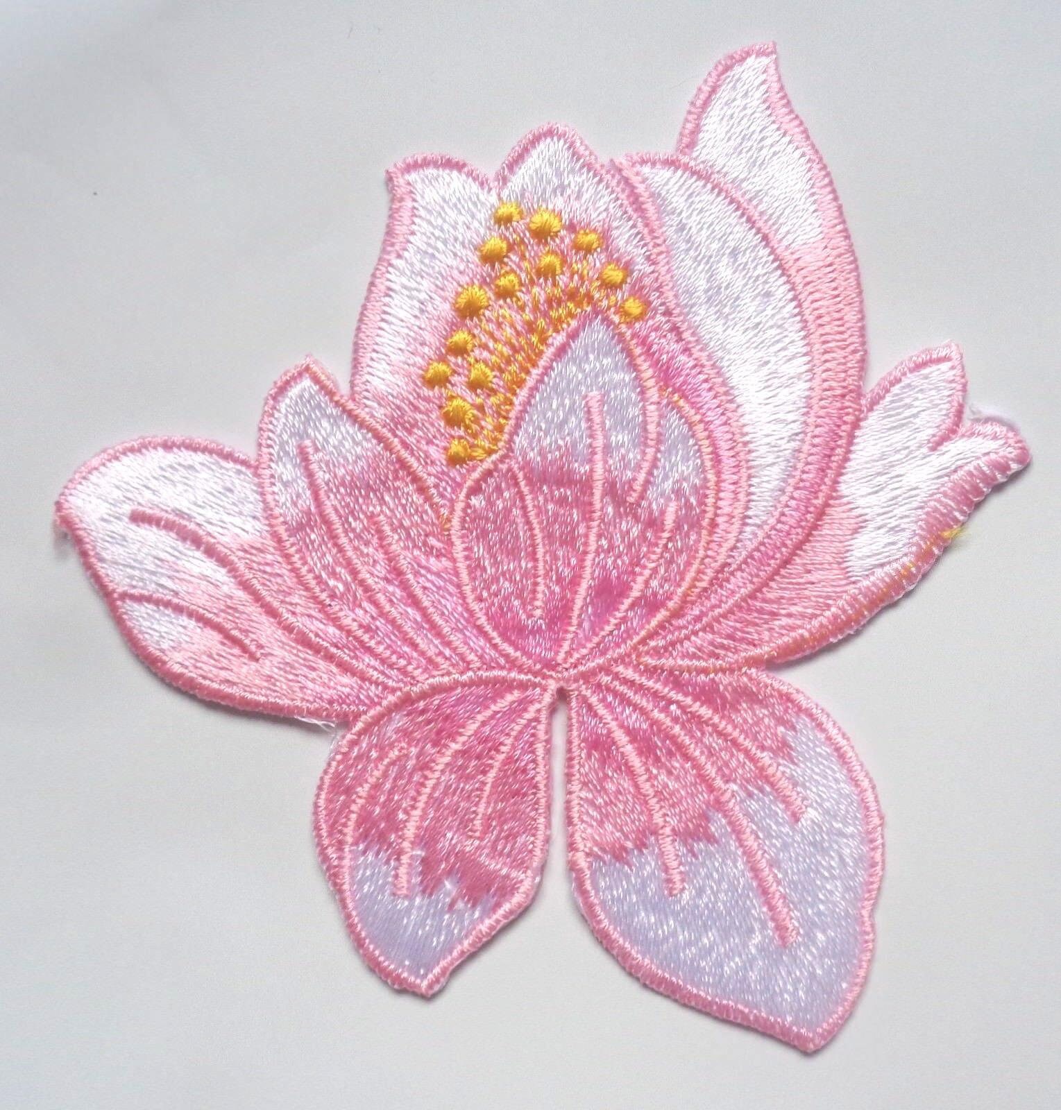 Lotus Flower Embroidery Iron On Applique Patch pink color 3 Etsy
