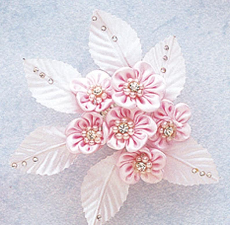 78 Pink Satin Flowers with Rhinestone and Pearl 12 flowers with 12 leaves
