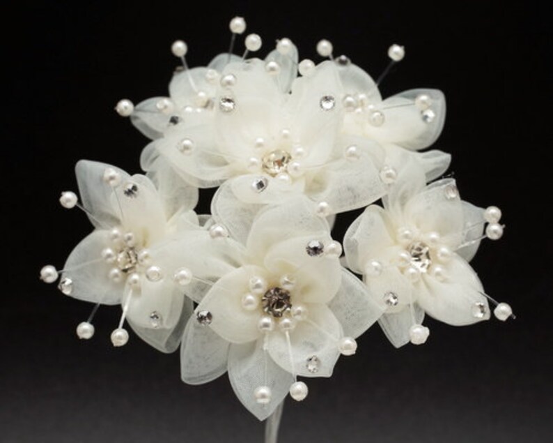 1 bunch 1.5 Ivory Organza Rhinestone Flower 6 flowers