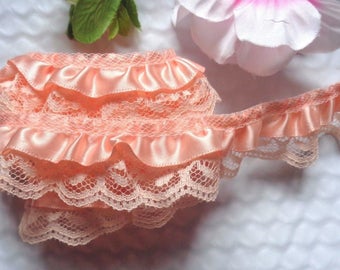 Satin Floral Ruffle Lace Trim 1+1/4 inch wide peach/peach selling by the yard