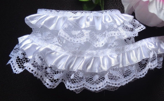 Satin Floral Ruffle Lace Trim 1/" white//hunter selling by the yard