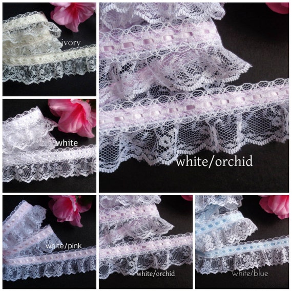 Ruffled Lace 1+1//2 inch wide white//orchid color selling by the yard