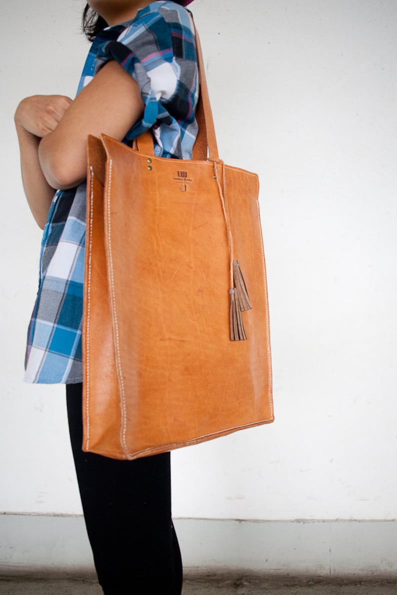 Leather Tote Bag Hand Stitched Distressed FREE Etsy