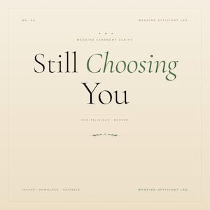 May include: A digital wedding ceremony script with the text "Still Choosing You" in a serif font. The design includes the words "Wedding Ceremony Script", "Non-Religious Modern", and "Instant Download Editable". The background is a light beige color.