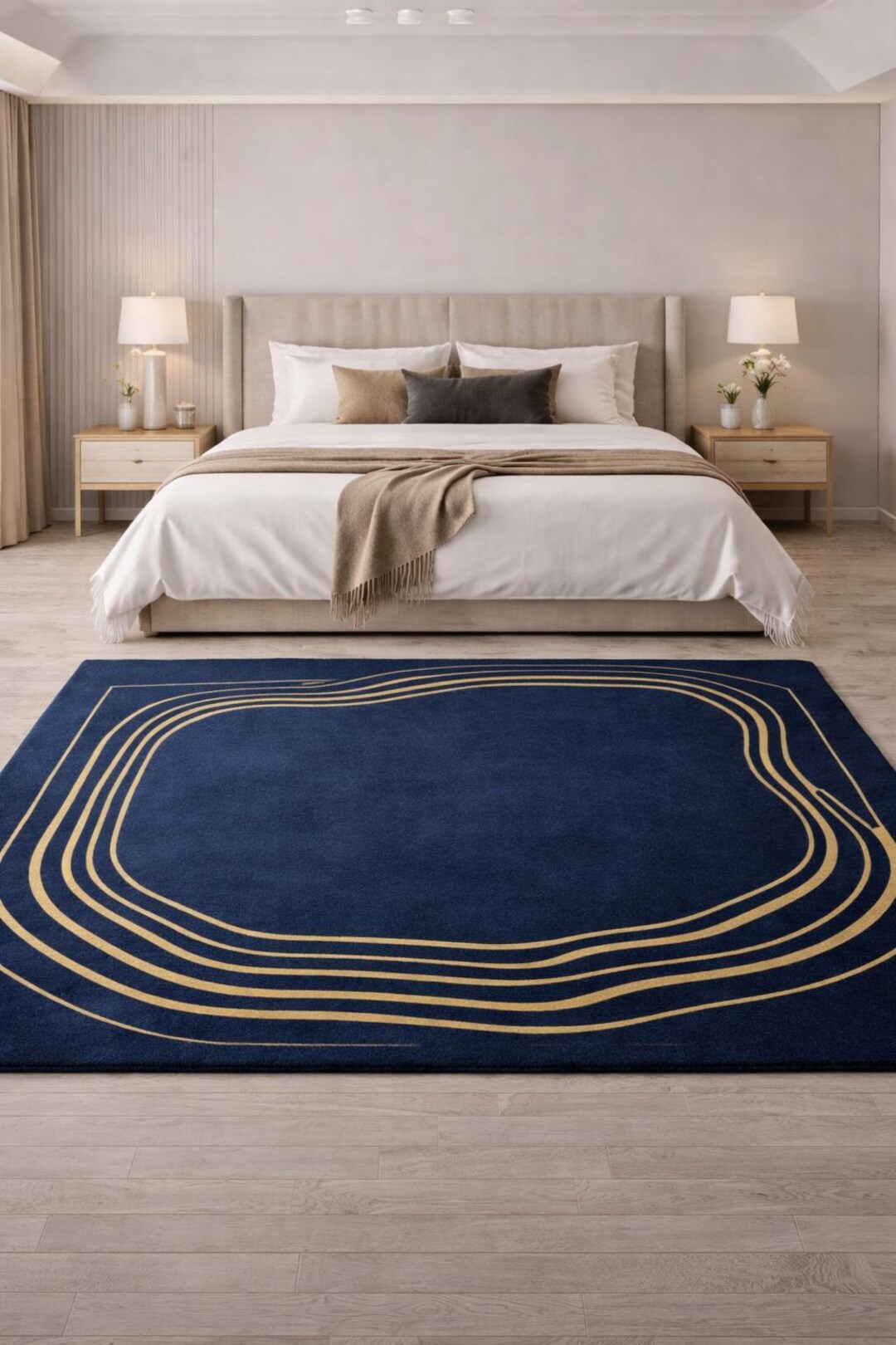 Navy Blue Gold Abstract Rug, Modern Luxury Bedroom Rug, Irregular Shape ...