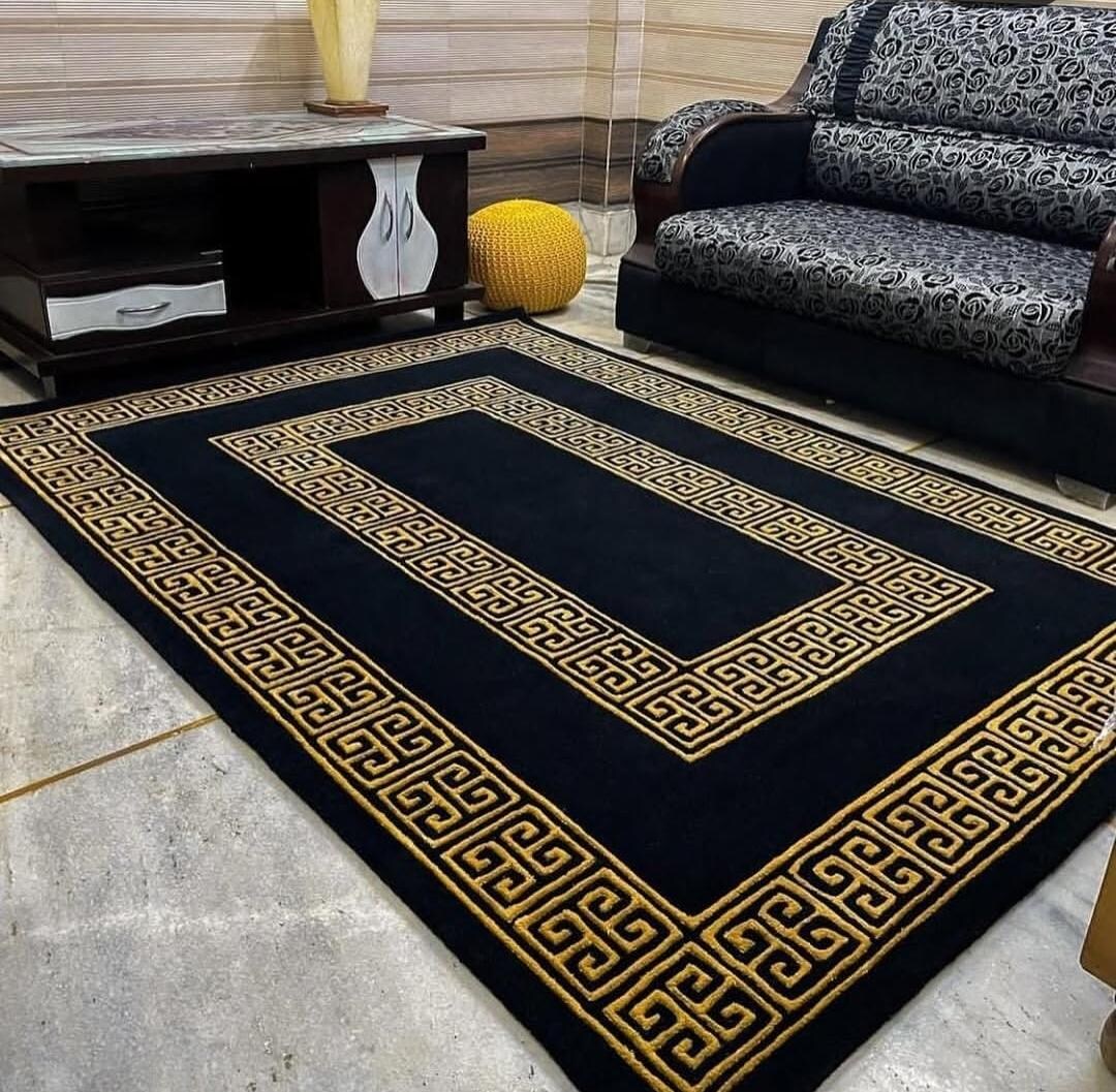 Greek Key Gold Rug Black Gold Greek Key Wool Rug – Hand Tufted Modern Area Carpet for ...
