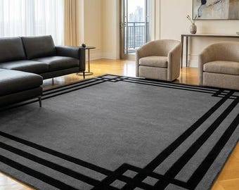 Hand Tufted Geometric Area Rug | Modern Minimalist Black Border Carpet