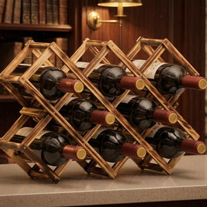 May include: A foldable wooden wine rack with a dark, scorched finish, designed to hold eight bottles of wine. The rack features a crisscross lattice structure with horizontal slots for the bottles, each with a red foil-covered cork neck.