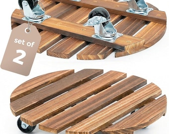 Set of 2 Wooden Plant Stand Caddy with Wheels, 12in Rolling Plant Dolly