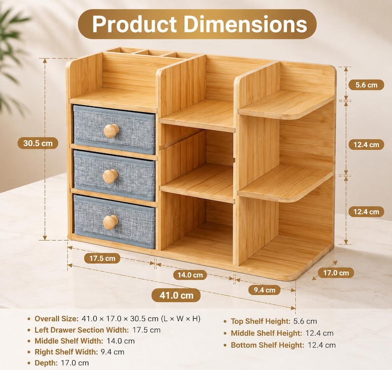 May include: A bamboo desk organizer with three blue fabric drawers and multiple open shelves. The unit measures 41.0 cm wide, 17.0 cm deep, and 30.5 cm high. It features top compartments, a left section with three drawers, and open right-side shelving.