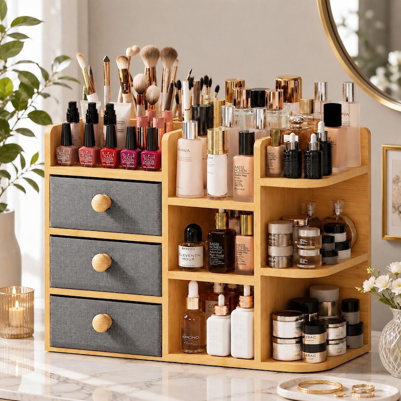 May include: A light wood makeup organizer featuring three gray fabric drawers with round wooden knobs, multiple open shelves, and a top section for brushes and bottles. The unit is filled with various cosmetics, including nail polish, foundation, and skincare products.