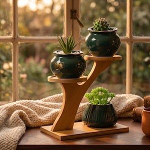 May include: A wooden plant stand with three dark green ceramic pots, each holding a different succulent. The stand is on a wooden surface near a window with a beige blanket and a terracotta mug. The background is a blurred view of a garden.