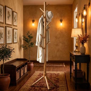 May include: A tall, light brown wooden coat rack with a central vertical pole and multiple angled pegs extending outward. A beige trench coat hangs from one of the pegs, and a light-colored fedora hat rests on the top peg of the wooden stand.