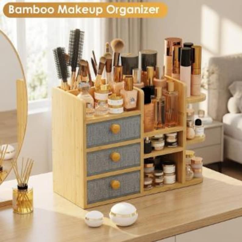 Large Capacity Bamboo Makeup Organizer, Cosmetic Storage Drawer, Vanity Organizer, Skincare Display Shelf image 8